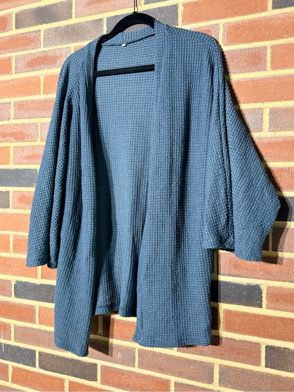 Open-Front Waffle Knit Cardigan Sweater in Slate Blue